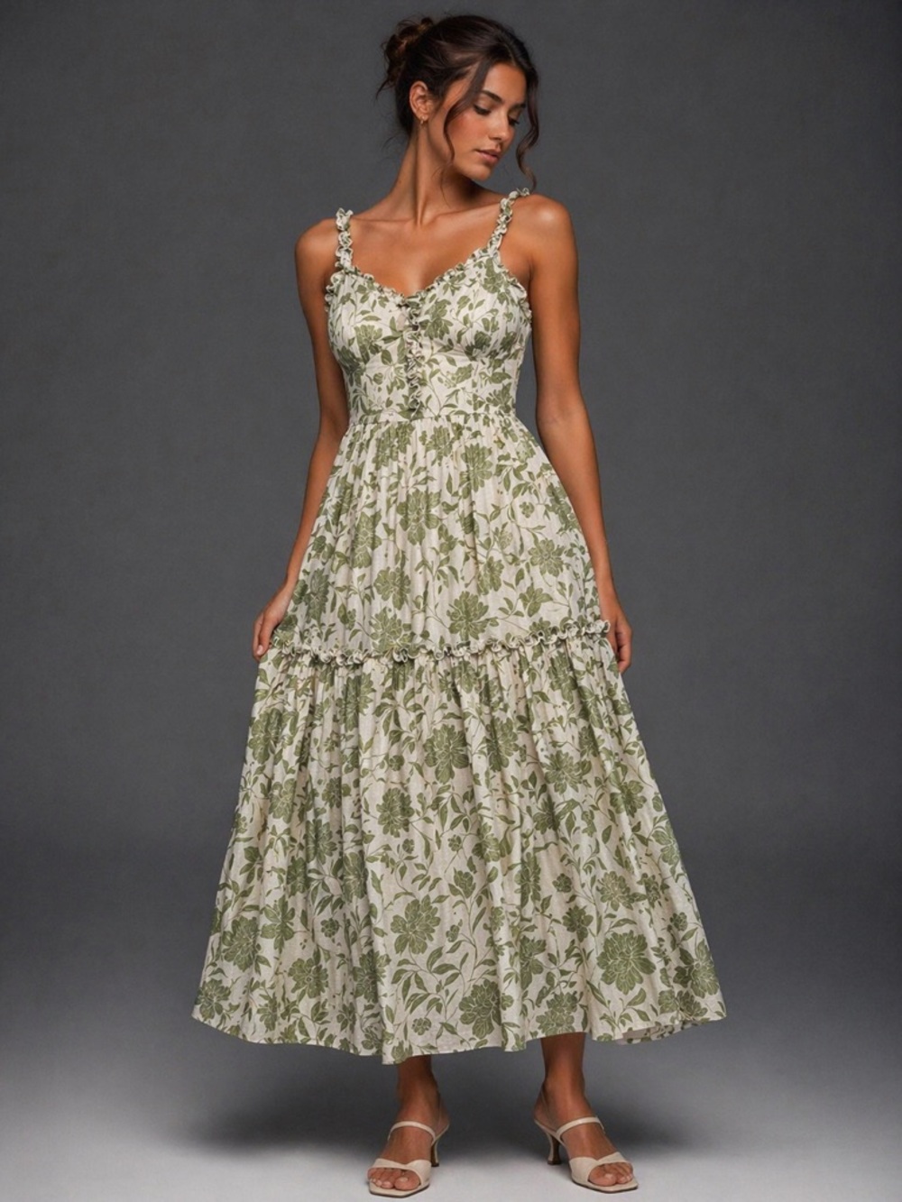 Trixxi Cream Maxi Dress with Olive Floral Print